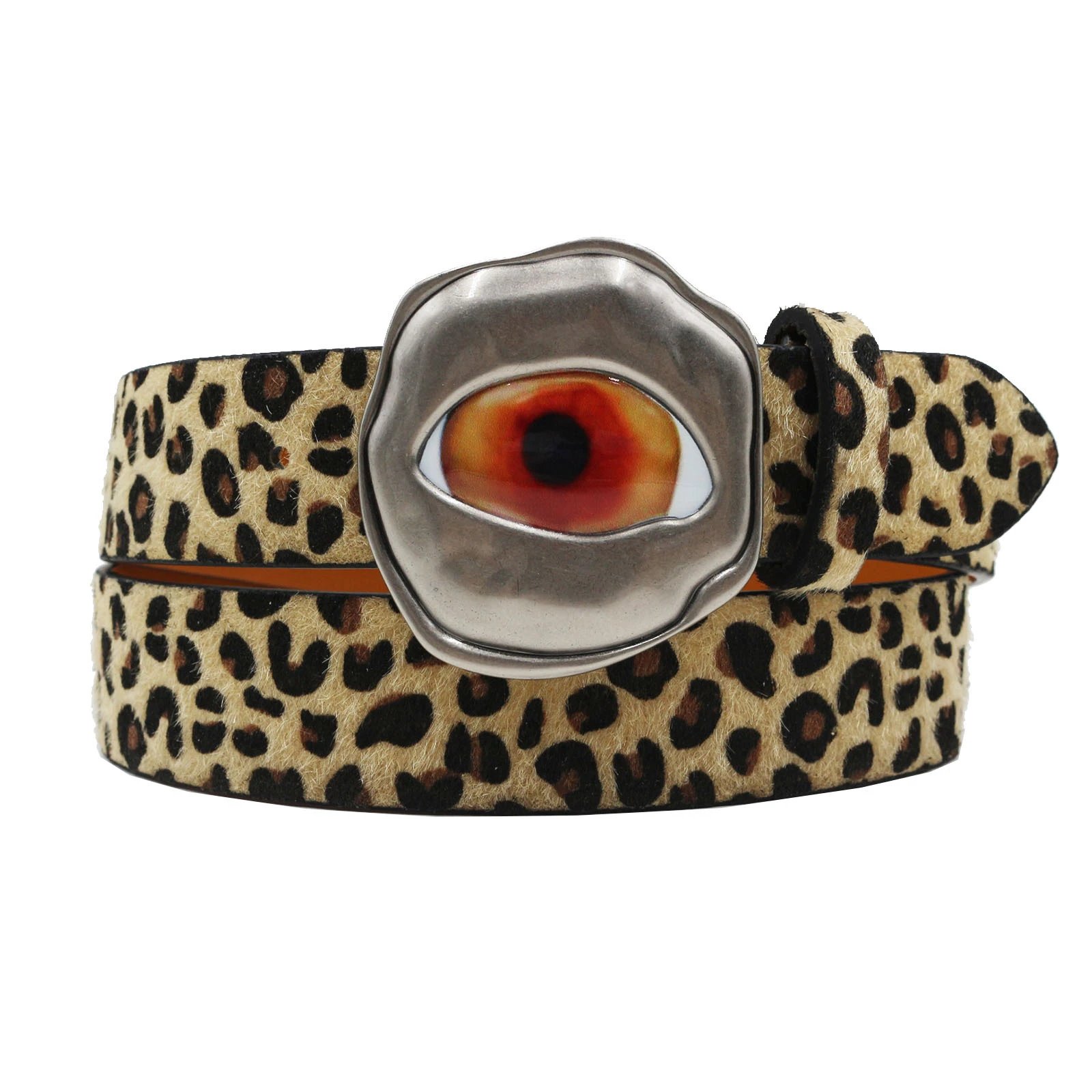 Design Leopard Print Suede Belt with Eye Buckle Accessory - 23