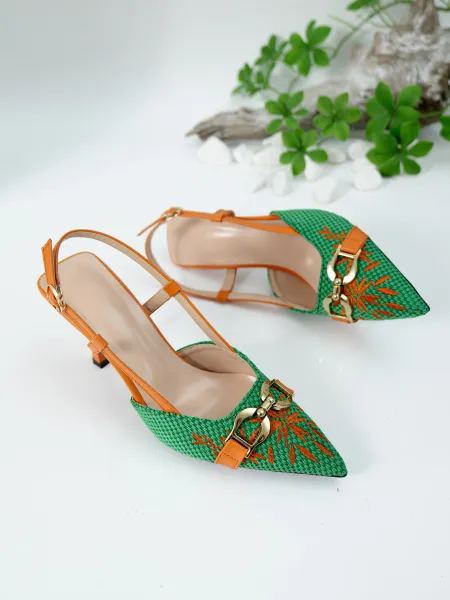 Design Woven Pointed-Toe Slingback Heels with Orange Embroidery and Gold Buckle - 16