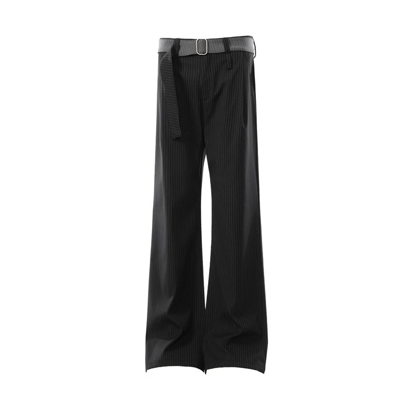 Design Cropped T-Shirt Beige + Pleated Wide-Leg Pants Gray with Belt - 12
