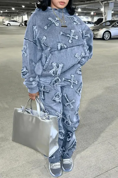 Design Crossbones Print Denim-Style Hoodie and Sweatpants Set Gray - 7