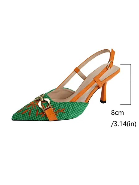 Design Woven Pointed-Toe Slingback Heels with Orange Embroidery and Gold Buckle - 20