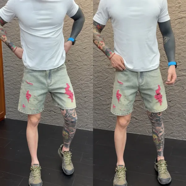 Kenzo Distressed Denim Shorts with Pink Embroidery Light Wash Shorts - 4
