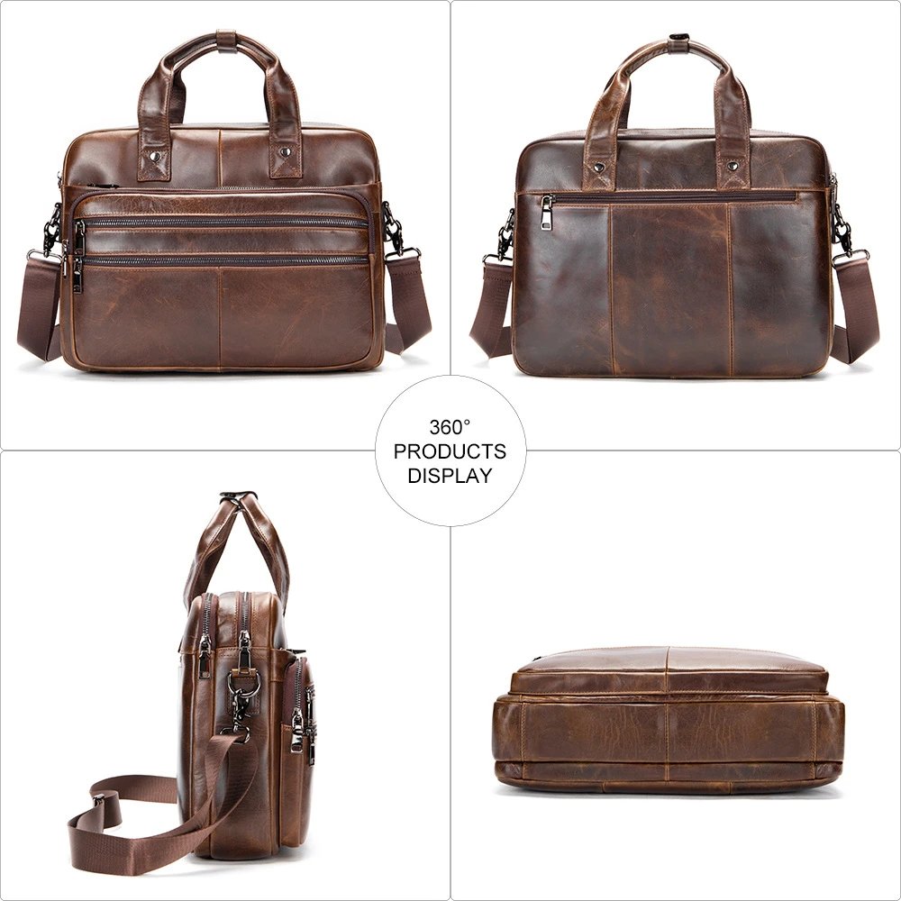 Brown Leather Business Briefcase with Multiple Zippers and Detachable Strap