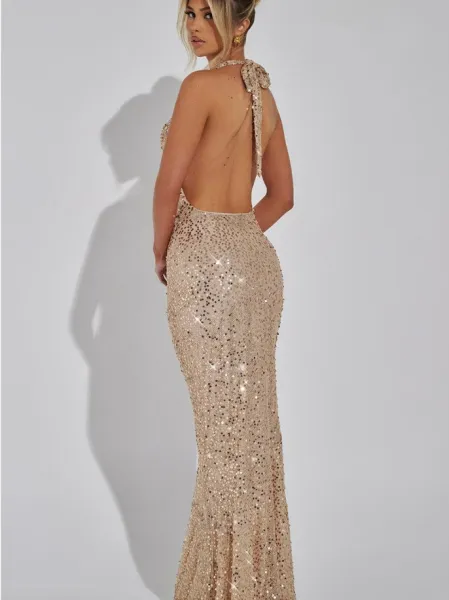 Design Sheer Sequined Halter Gown Black Dress - 4