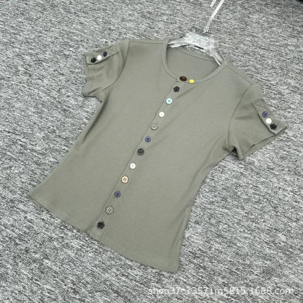 Design Button-Front Ribbed Knit Top Olive Green - 8