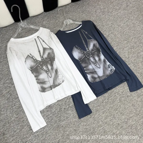 Chanel Graphic Print Long Sleeve T-Shirt Navy - 4