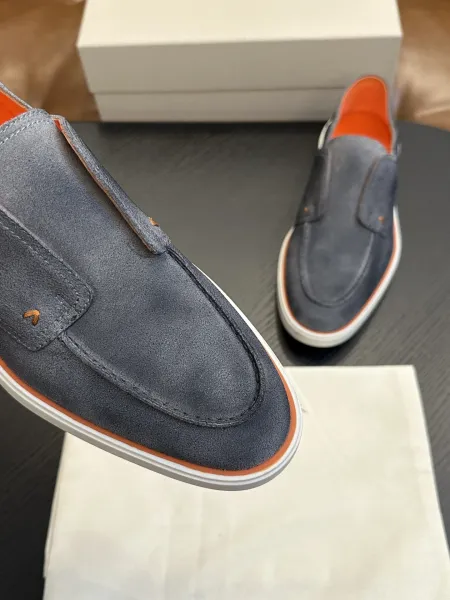 Design Santoni Loafer Slip-On Olive Green Suede with Orange Sole Casual Shoes Loafers - 10