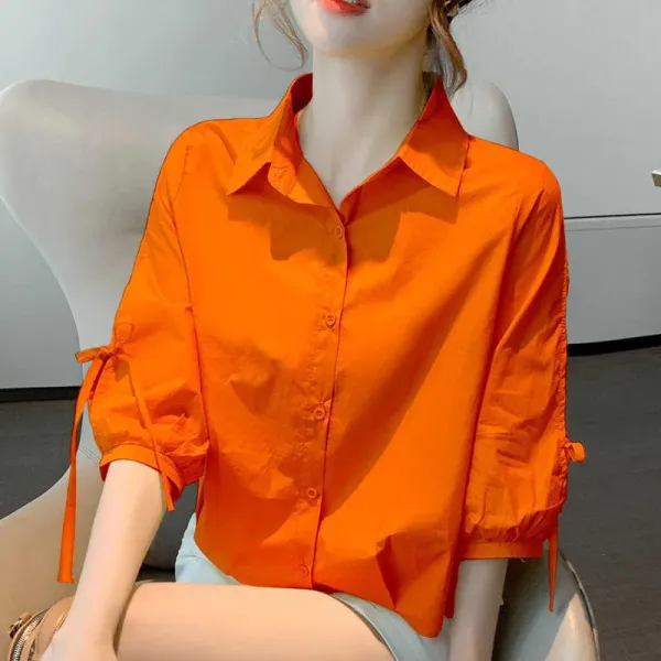 Design Bow-Sleeve Button-Up Shirt White Tops Shirt - 4