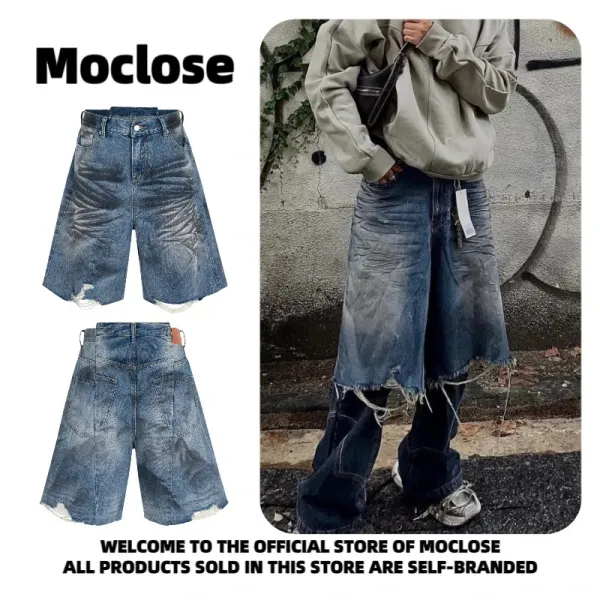 Design Moclose Brand Distressed Wide-Leg Denim Shorts Blue Shorts - 16