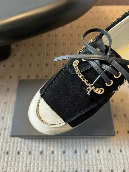 Chanel Boat Shoes Light Blue Suede Two-Tone with Chain Detail - 19