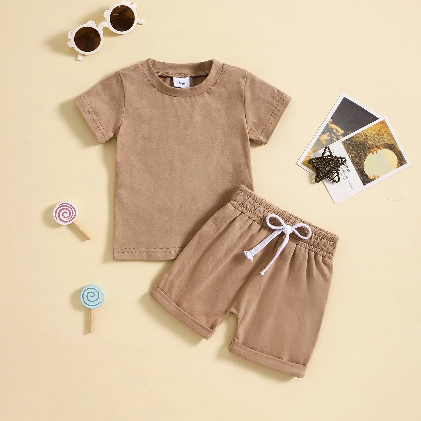 Design Solid Sage Green Baby Set: Short-Sleeve T-Shirt + Drawstring Shorts - 3