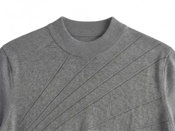 Design Short-Sleeve Knit Sweater in Light Gray with Diagonal Ribbed Texture - 17