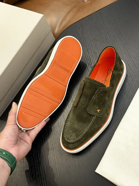 Design Santoni Loafer Slip-On Olive Green Suede with Orange Sole Casual Shoes Loafers - 18