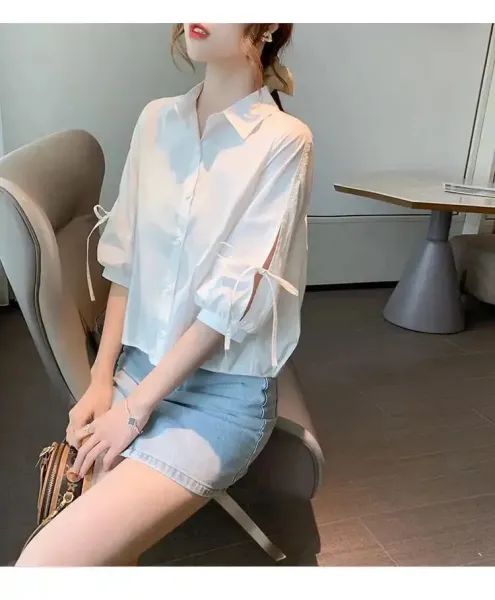 Design Bow-Sleeve Button-Up Shirt White Tops Shirt - 15