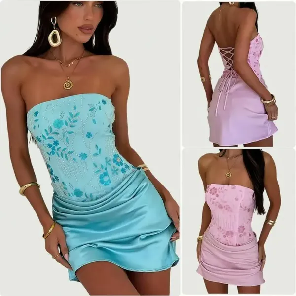 Design Embroidered Floral Corset Tube Dress in Sky Blue - 2