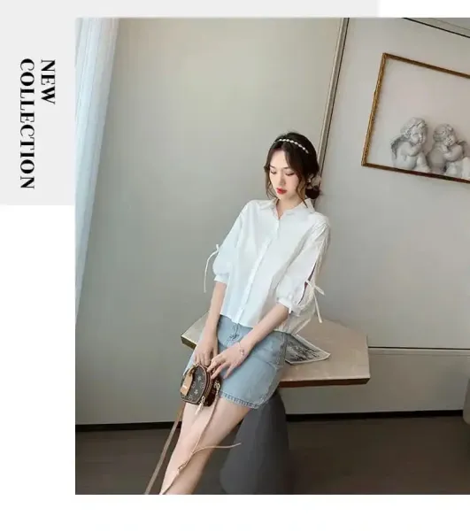 Design Bow-Sleeve Button-Up Shirt White Tops Shirt - 19