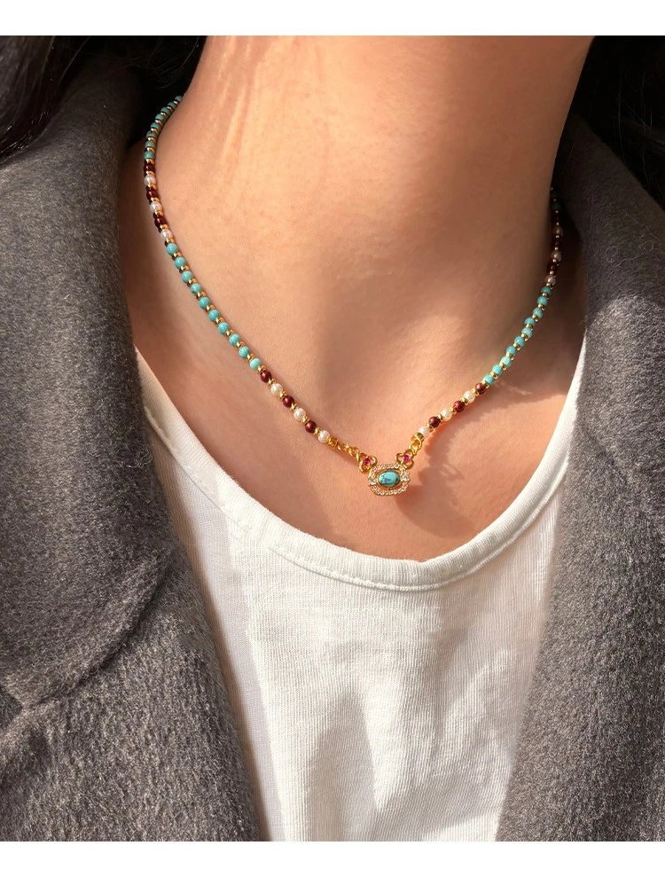 Design Turquoise and Coral Beaded Bracelet with Pearl Accents and Gold-Tone Clasp Jewelry - 8