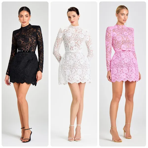 Design Floral Lace High-Neck Mini Dress Pink - 2