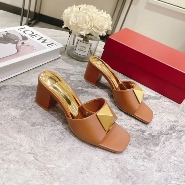 Valentino Rockstud Spike Mule Tan Gold Block Heel Sandals - 1