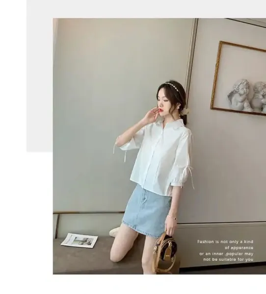 Design Bow-Sleeve Button-Up Shirt White Tops Shirt - 22