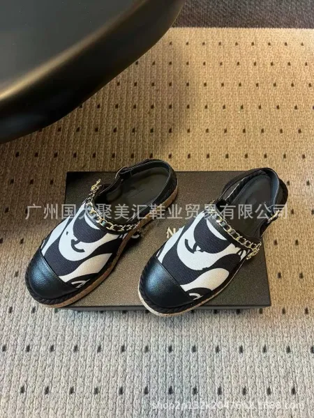 Chanel Mary Jane Espadrilles Navy and White Print Canvas Shoes Casual Shoes - 24