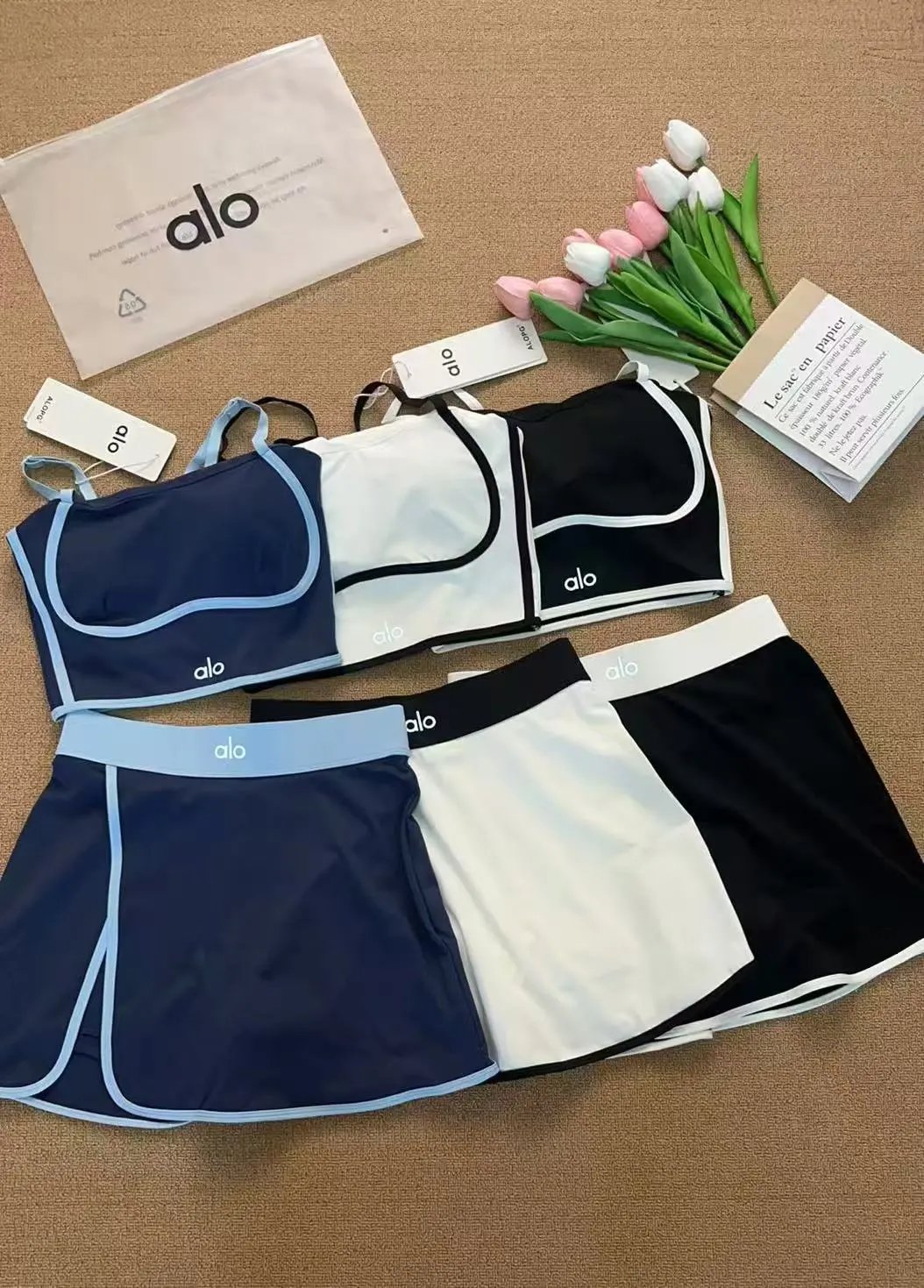 Alo Yoga Studio Crop Top and Skort Set White with Black Trim Activewear - 5