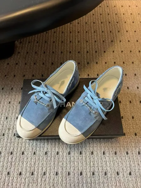Chanel Boat Shoes Light Blue Suede Two-Tone with Chain Detail - 22