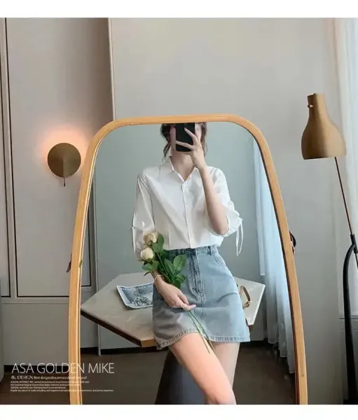 Design Bow-Sleeve Button-Up Shirt White Tops Shirt - 24