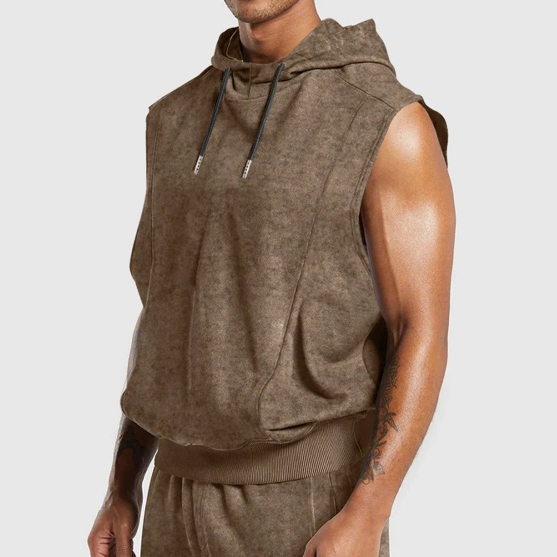 Design Sleeveless Hoodie Navy Acid Wash Vest-Top - 9