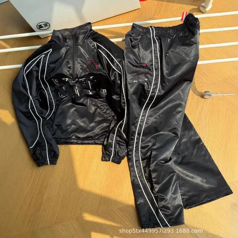 Shiny Nylon Windbreaker Jacket Black White Striped Sporty