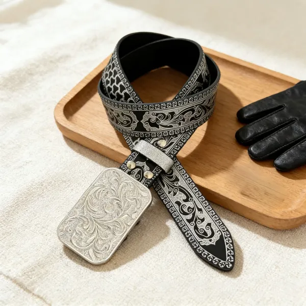 Design Ornate Silver-Embossed Black Leather Belt with Floral Filigree Buckle Belts - 2