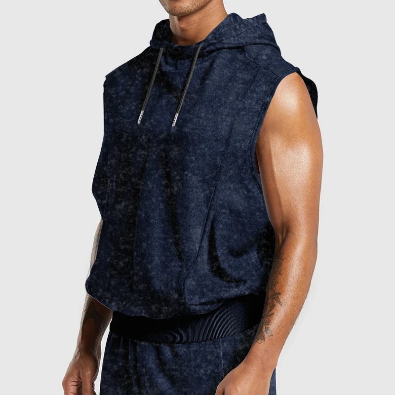 Design Sleeveless Hoodie Navy Acid Wash Vest-Top - 12