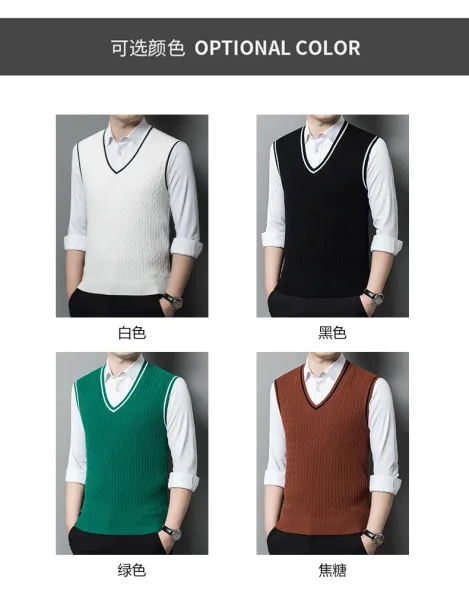 Design Cable Knit V-Neck Vest Green Vest Top - 7