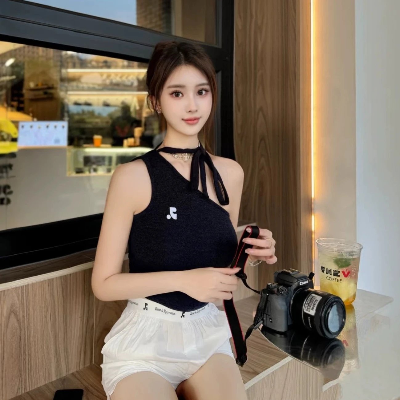 Black Asymmetrical Halter Crop Top White High-Waist Shorts