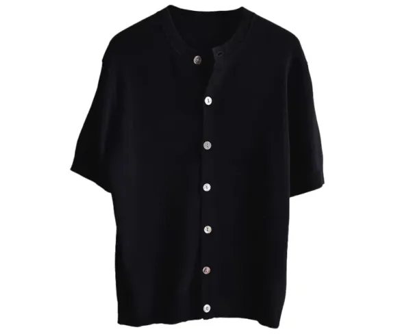 Design Short-Sleeve Knit Button-Up Beige Sweater Tops.sweater - 14