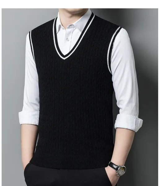 Design Cable Knit V-Neck Vest Green Vest Top - 12