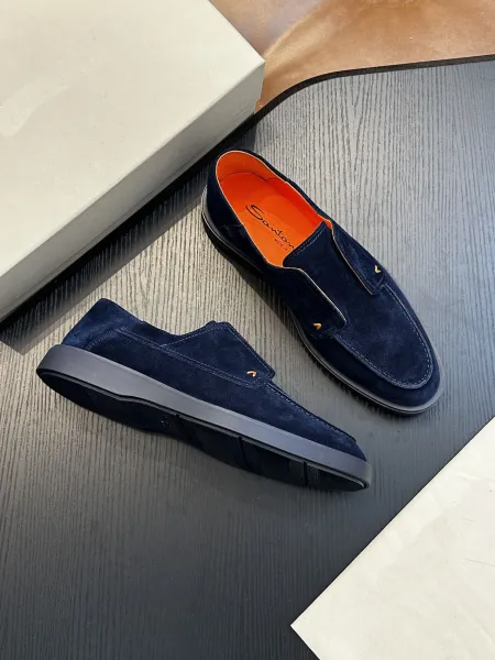 Design Santoni Loafer Slip-On Olive Green Suede with Orange Sole Casual Shoes Loafers - 34