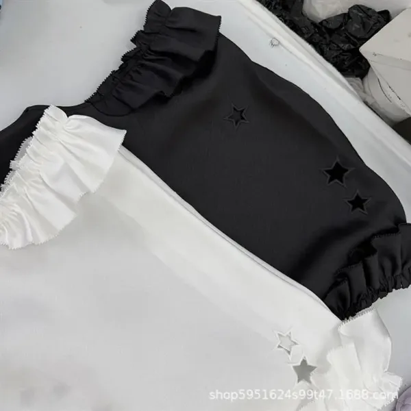 Design Star-Embellished Ruffled Sleeve Top in Charcoal Gray - 8