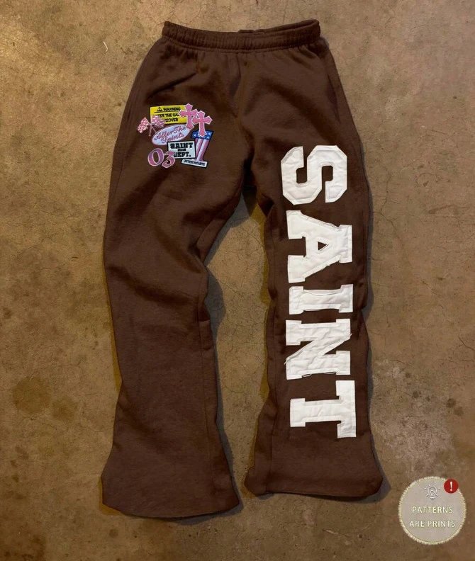 Design Saint Tears Sweatpants Brown with Patchwork and Side Lettering Sweatpants - 26