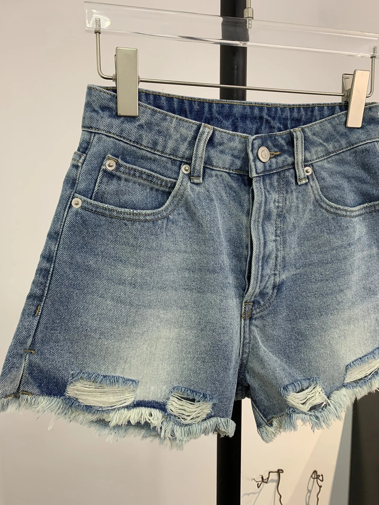 Denim Tears Distressed Embroidered Logo Denim Shorts Light Wash - 8