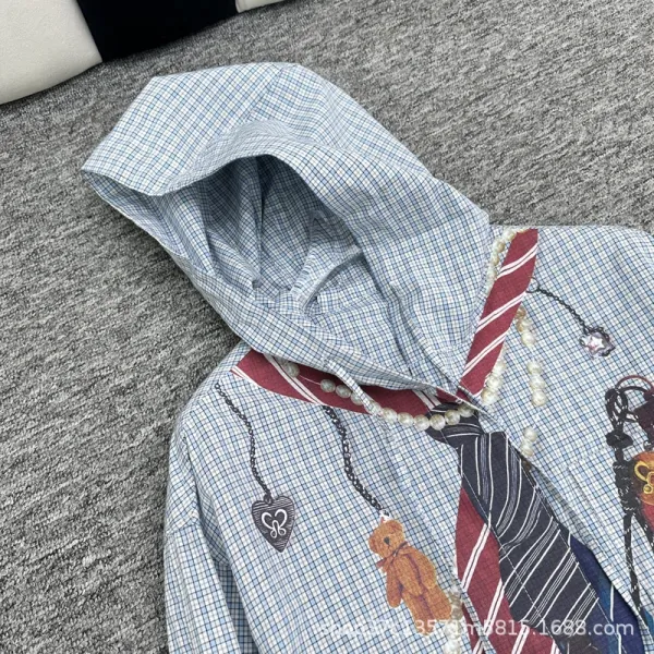Design Hooded Shirt with Necktie Print and Charm Embellishments Light Blue Checkered Hoodie - 3