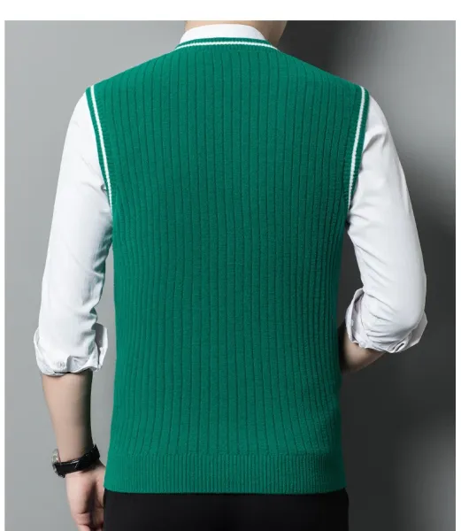 Design Cable Knit V-Neck Vest Green Vest Top - 17
