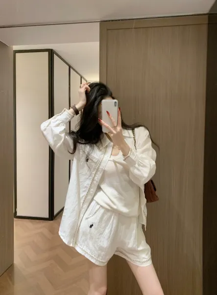 Design Pearl-Trimmed Oversized Shirt and Shorts Set White - 6
