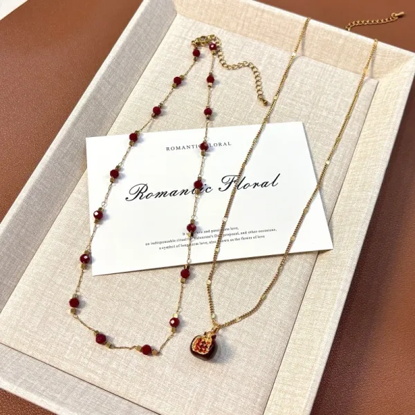 Design Pomegranate Charm Necklace Gold Tone Red Enamel Jewelry - 2