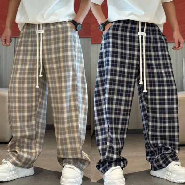 Design Wide-Leg Plaid Drawstring Pants Navy and White - 4