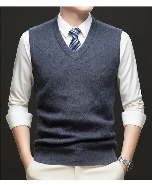 Design V-Neck Knit Vest Navy Blue Vest Top - 13