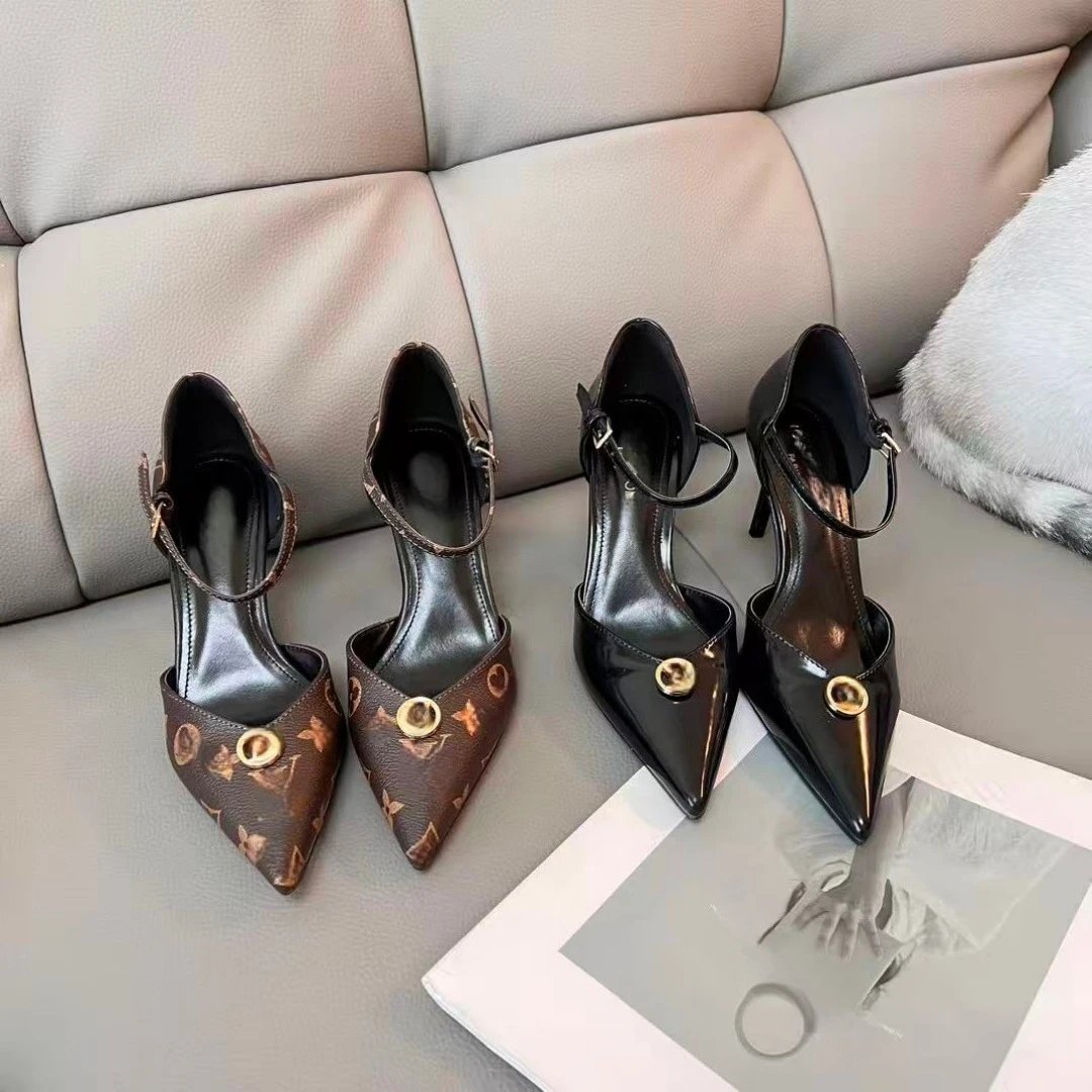 Monogram Print Brown Black Pointed Toe Ankle Strap Heels