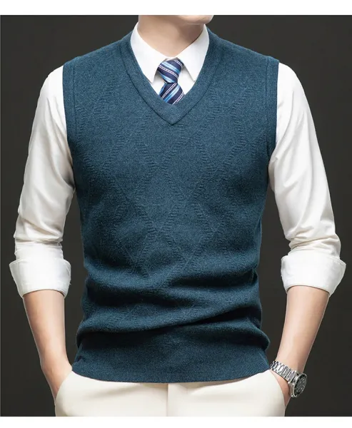 Design V-Neck Knit Vest Navy Blue Vest Top - 15