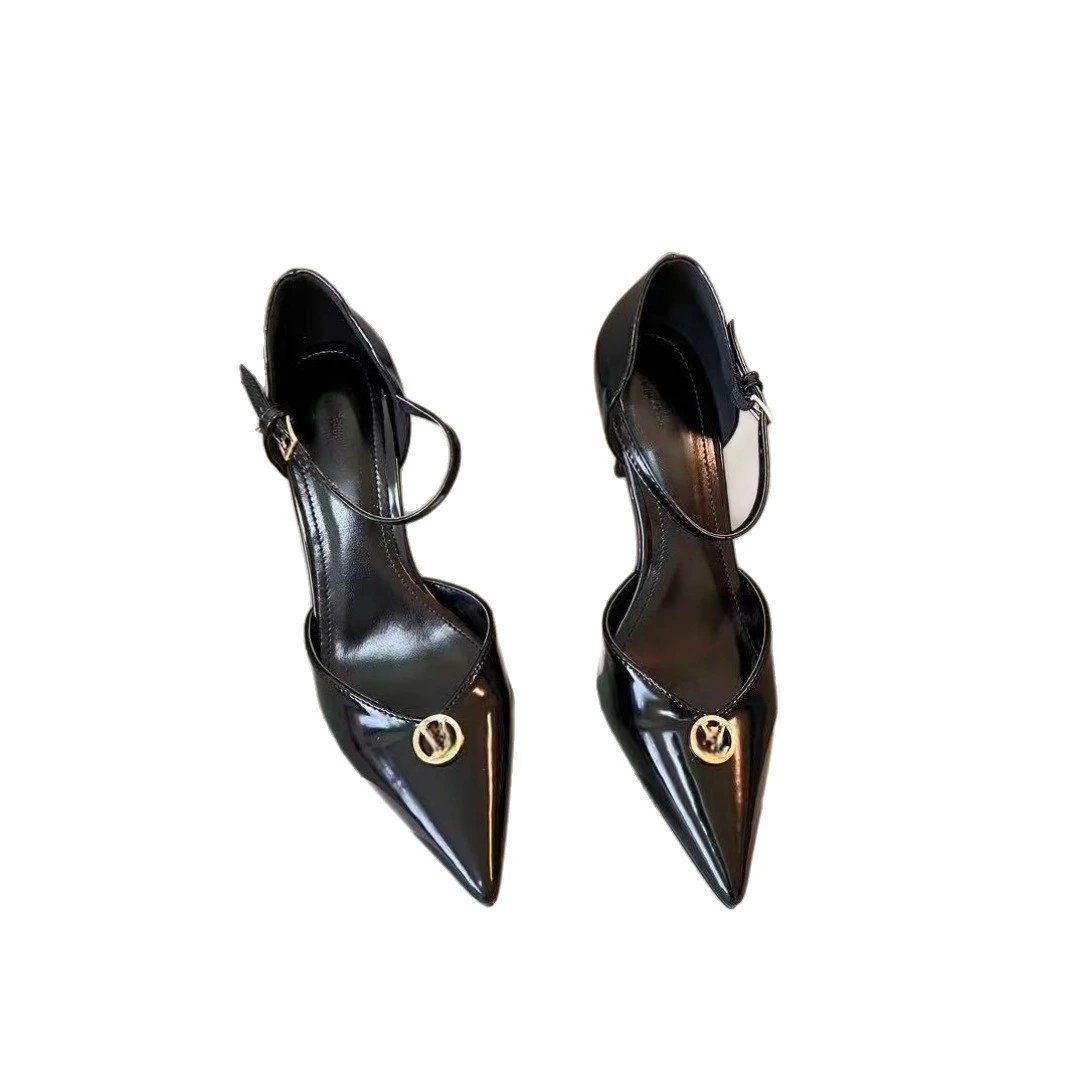Monogram Print Brown Black Pointed Toe Ankle Strap Heels