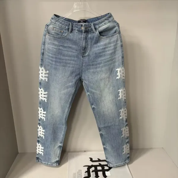 Design Embroidered Kanji Denim Jeans Light Wash - 1